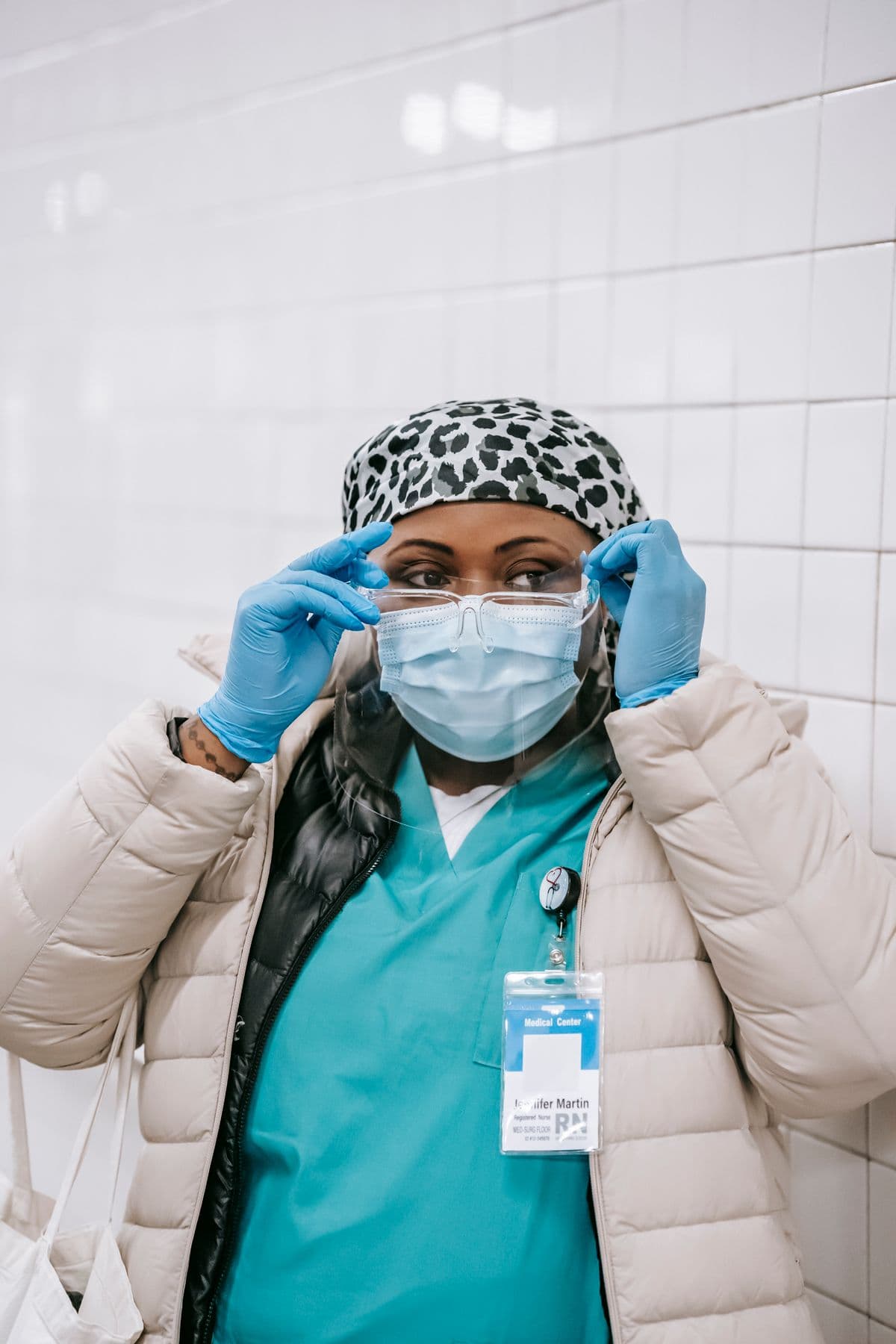 Nurse preparing for work in a hospital setting